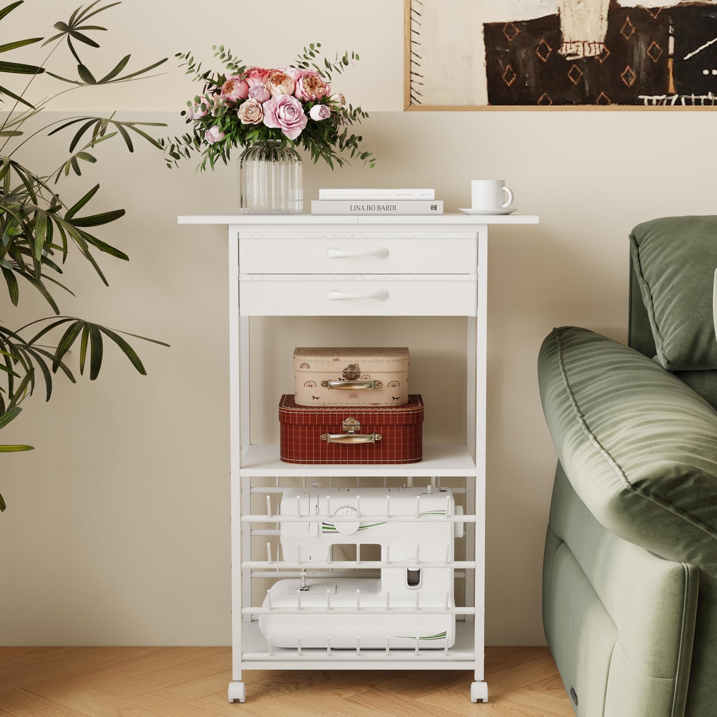 NinPeen Rolling Sewing Machine Table with 2 Fabric Drawers，Craft Table on Wheel with Spools Thread Holder，Portable Sewing Cabinet for Embroidery Machine with 3 Open Shelves for Small Spaces (White)