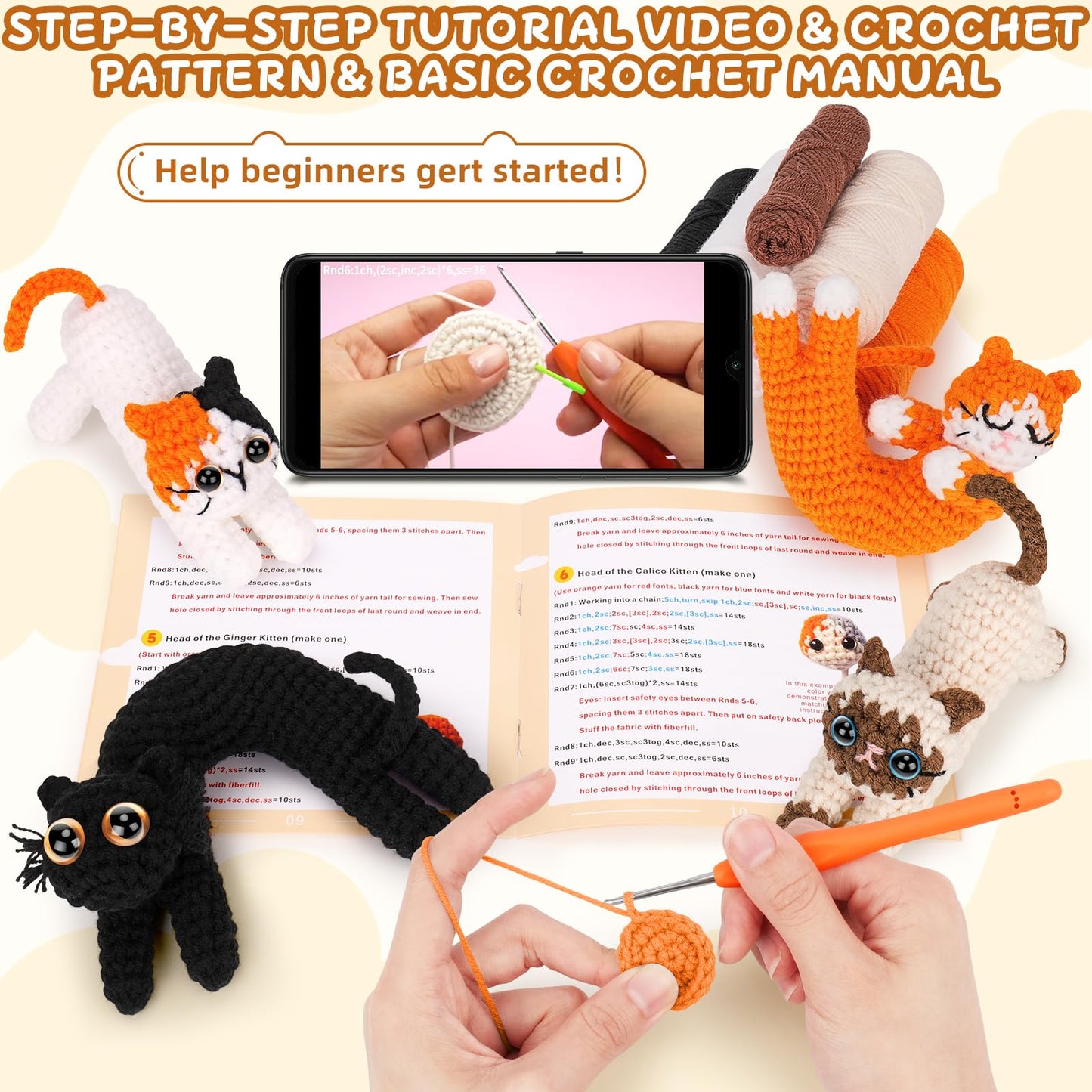 Crochet Kit for Beginners - 4 PCs Cat Crochet Kits with Step-by-Step Video Tutorials, Beginner Crochet Kit for Adults Kids, Learn to Crochet Animal Kit, Creative Crochet Gift for Cat Lovers