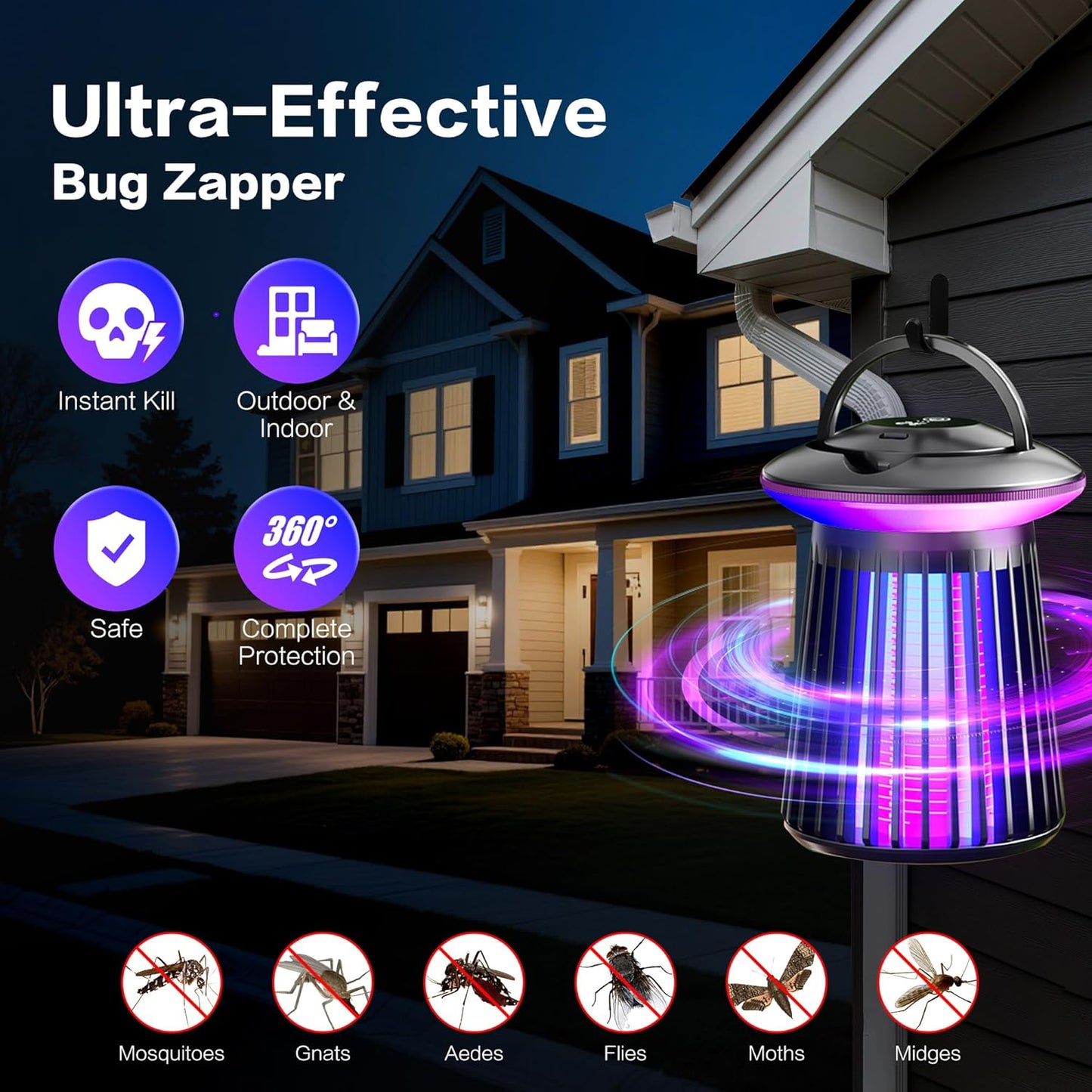 2026 4200V Upgraded Mosquito Killer Lamp, Electric Bug Zapper for Indoor & Outdoor, Rechargeable LED Night Light - Safe