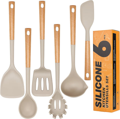 Hvygss 6Pcs Large Silicone Cooking Utensils Set: Heat Resistant Non-Stick with Wooden Handle