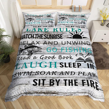 Feelyou Lake House Duvet Cover Fishing Bedding Set for Kids Boys Girls Camping House Comforter Cover Wooden Stripes Texture Bedspread Cover 1 Duvet Cover with 2 Pillowcases Queen Size (No Comforter)