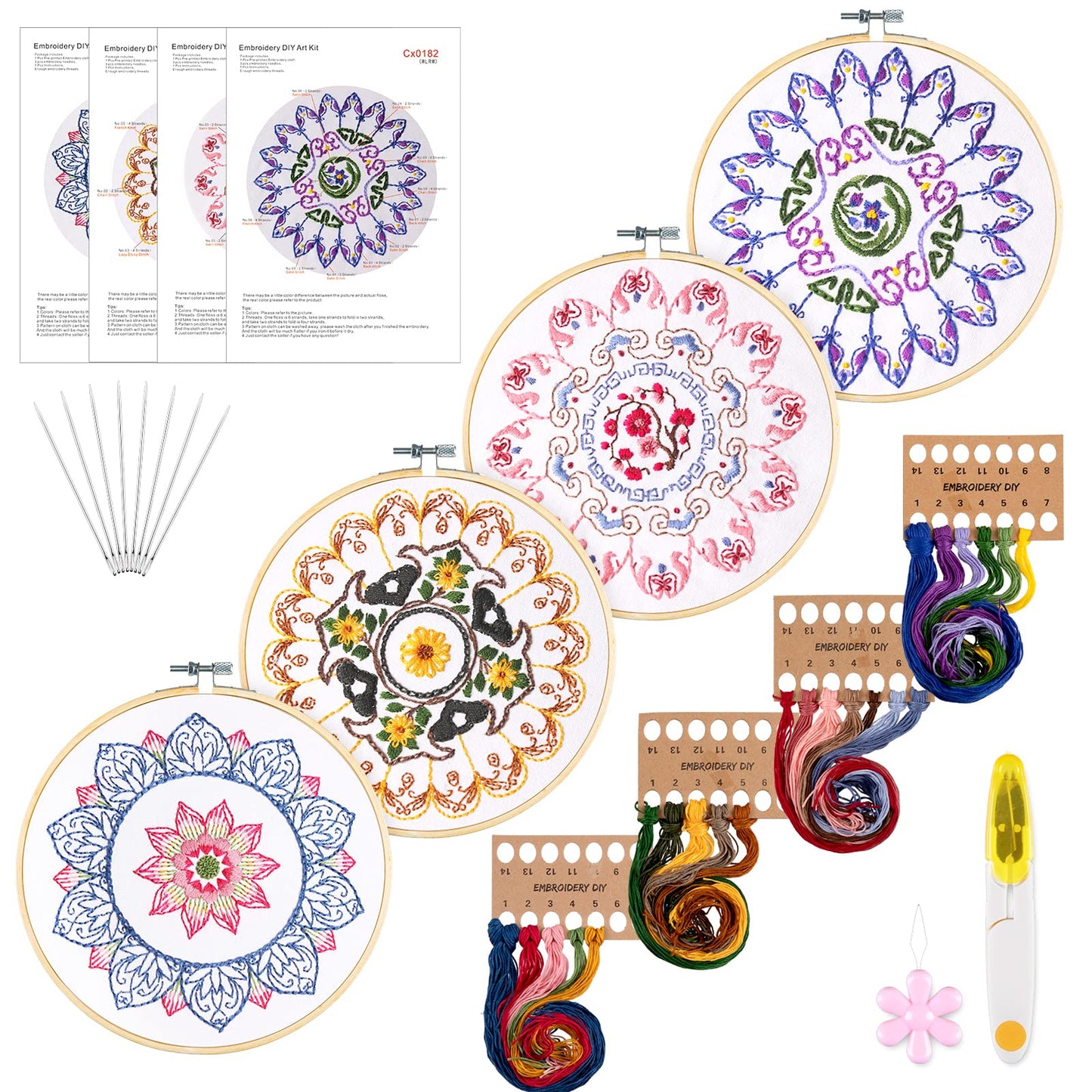 Whaline 4 Mandala Embroidery Starter Kit with Instruction Plum Blossom Chrysanthemum Orchid Lotus Needlepoint Cross Stitch Kit with Embroidery Hoop Threads Needle Scissors for Beginners DIY Craft