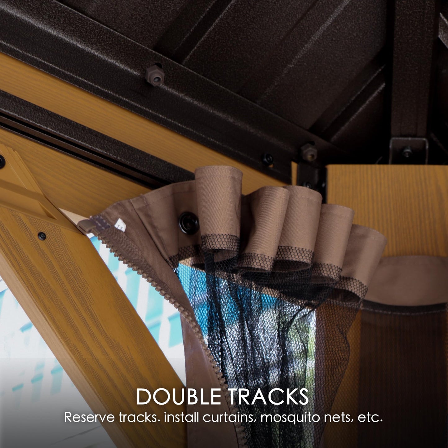 Kozyard Apollo 12’x12’ Hardtop Gazebo, Wooden Coated Aluminum Frame Canopy with Galvanized Steel Double Roof, Outdoor Permanent Metal Pavilion with Netting for Patio Lawn