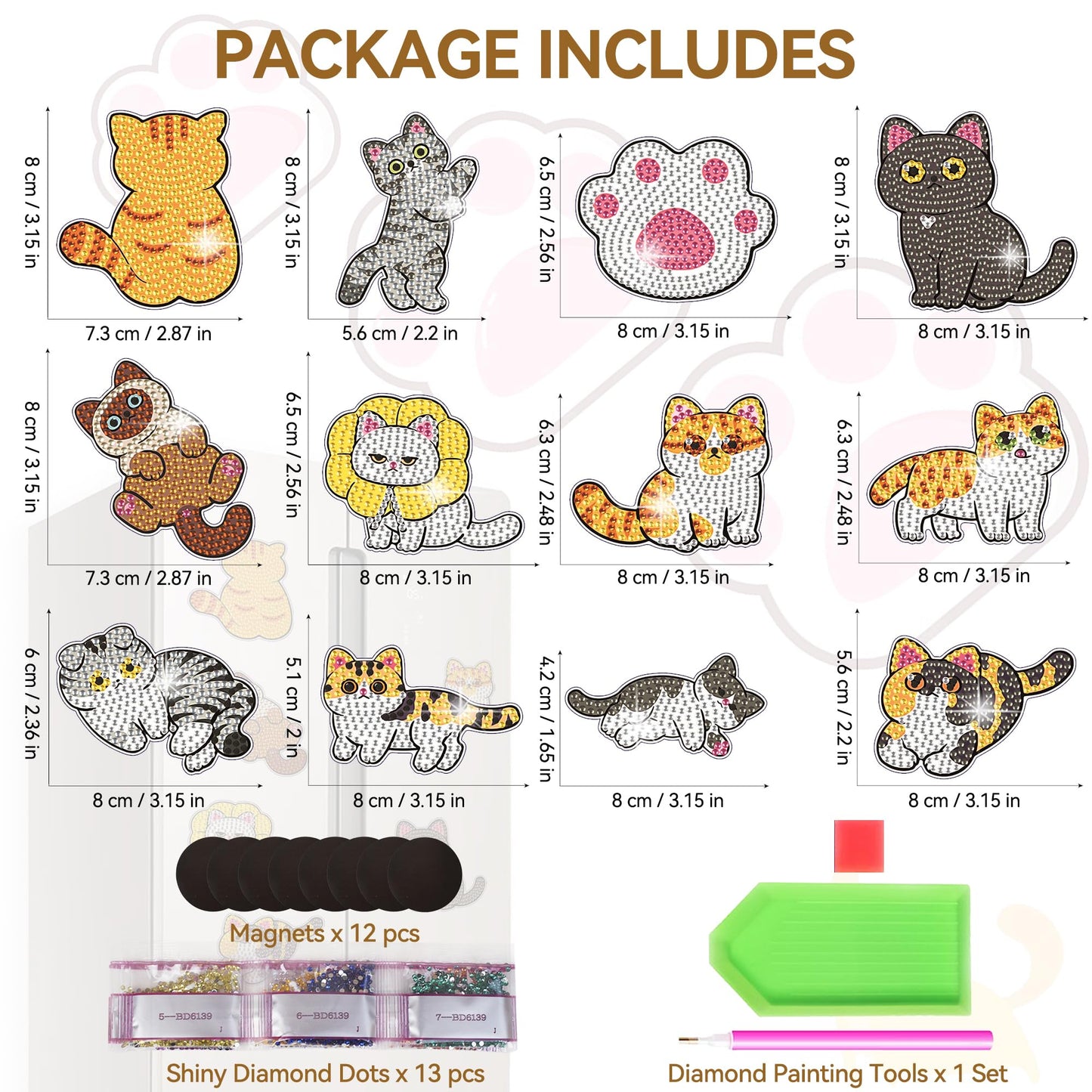 Vcekract 12 PCS Diamond Art Kits for Adults, Diamond Art Refrigerator Magnets, Cat Diamond Art Kits, Diamond Painting Kits for Home Decor