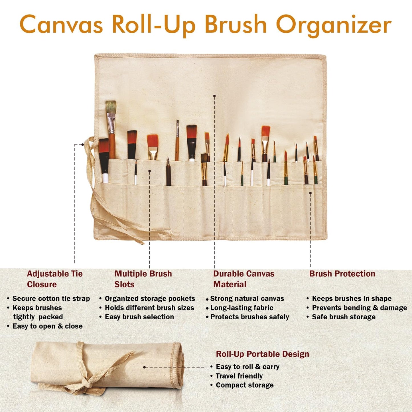 Liquidraw 30 Pocket Canvas Paint Brush Holder - Natural | 21" x 18" | Roll Up Brush Storage Pouch | Ideal Case for Paintbrush & Art Tool Storage | Easy to Carry | Also Great for Storing Makeup Brushes