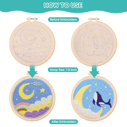 Zuaooz 3 Sets Punch Needle Kits,Whale Rainbow River Punch Embroidery Kits for Adults Beginner, Tool with Punch Needle Fabric, Hoops, Yarns and Sewing Needles