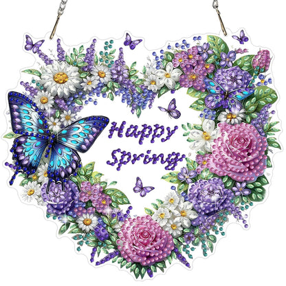 MEIYUDA Flower Wreath Diamond Art Hanging Kits for Adult, Happy Spring Diamond Painting Hanging Kits Ornaments, DIY Special Shaped Rhinestone Window Pendants Kit for Home Garden Wall Decor