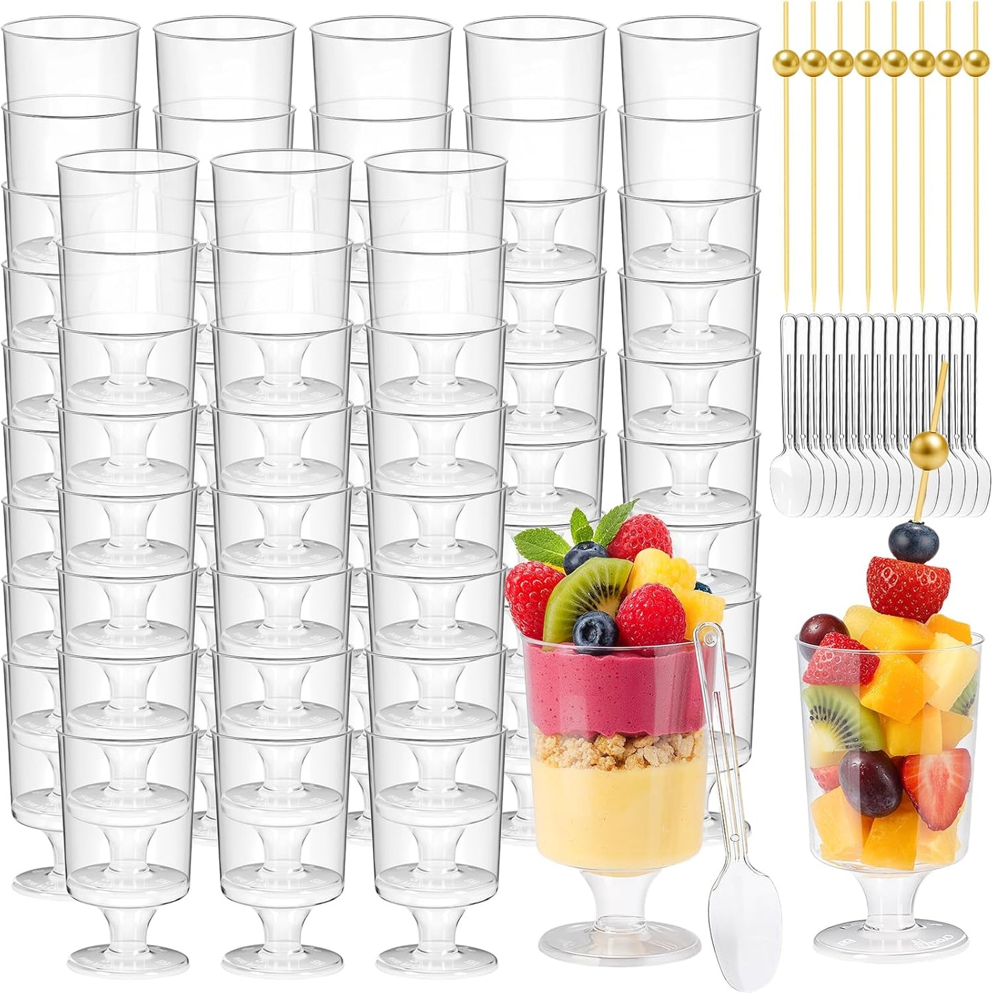 220 4 oz Pcs Mini Dessert Cups with Spoons and Bamboo Skewers, Round Clear Plastic Parfait Shooter Cups for Parties