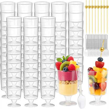 220 4 oz Pcs Mini Dessert Cups with Spoons and Bamboo Skewers, Round Clear Plastic Parfait Shooter Cups for Parties