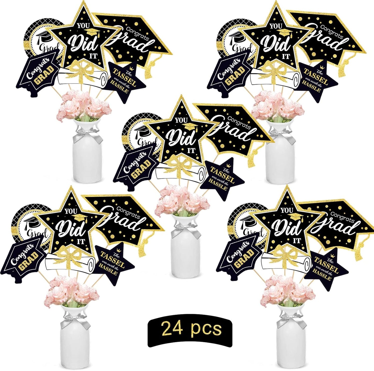 Black and Gold Graduation Decorations Set of 24, Class of 2025 Table Decor, Congrats Grad Party Supplies
