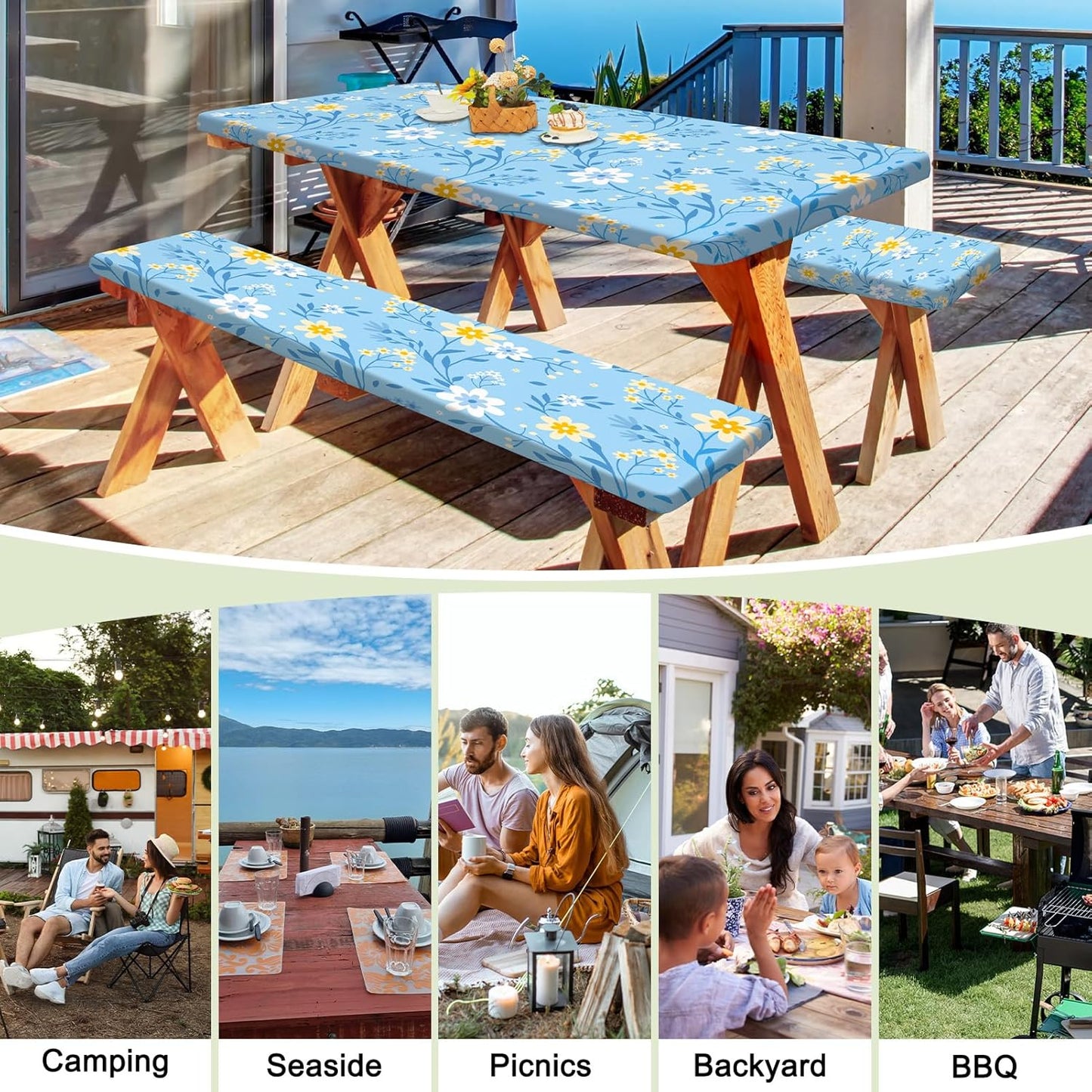 HobbLab Rv,72in,Light Picnic Table Cover with Bench Covers Portable Table Cloth Built-in Storage Pocket Fitted