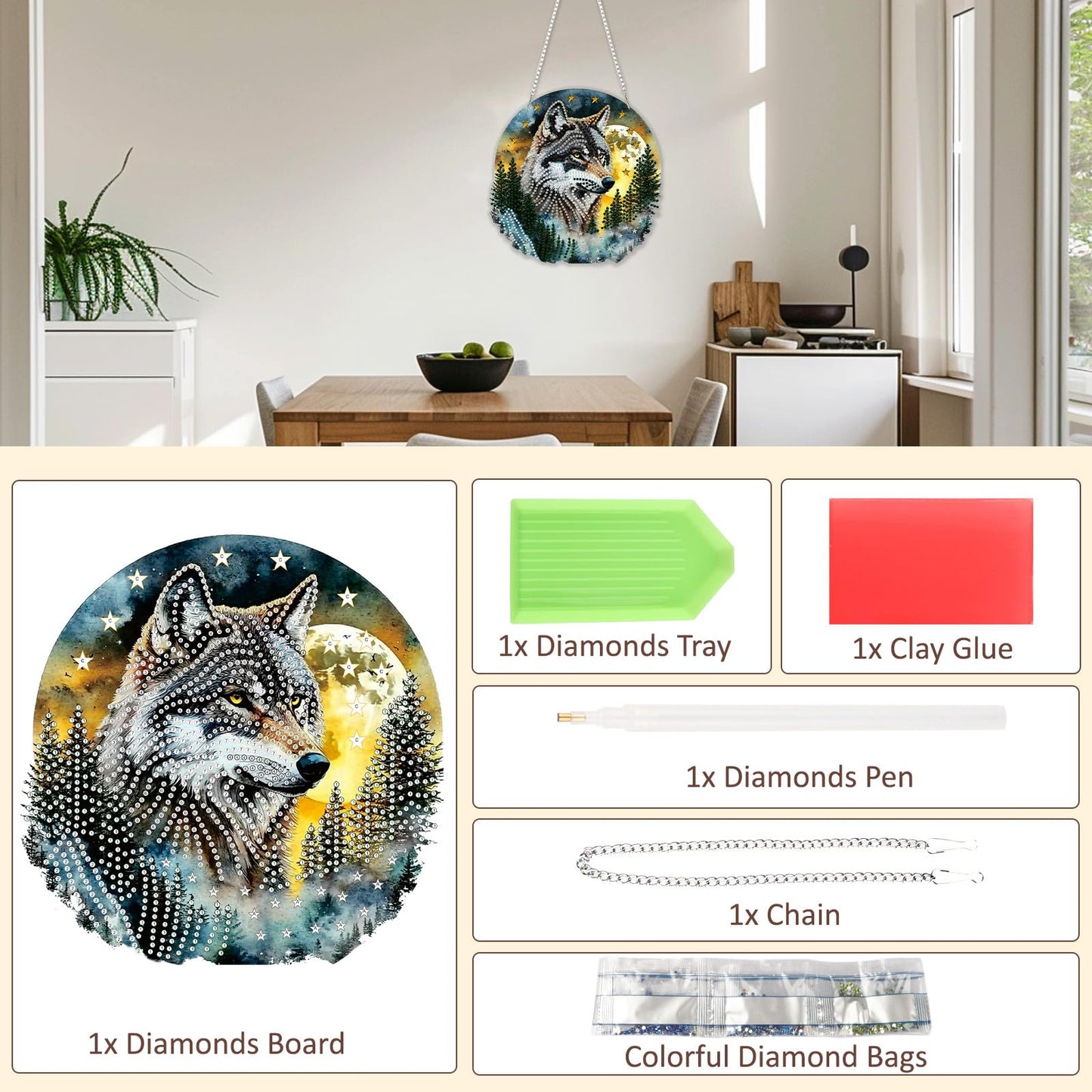 SENQAO Hanging Diamond Art Painting Kits for Adults Beginners, 5D Special Shape Diamond Art Kits, Wolf Crystal Rhinestones Diamond Gem Art Painting for Home Garden Wall Decor
