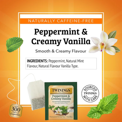 Twinings Peppermint & Creamy Vanilla Herbal Tea - Caffeine-Free, 20 Individually Wrapped Bags, Pack of 6