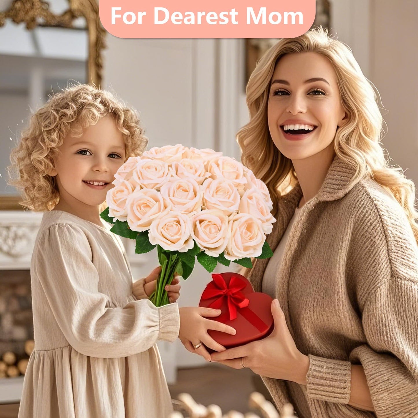 50 Pcs Champagne Roses Artificial Flowers, Real Touch Velvet Roses Bouquet Fake Flowers Bulk, Artificial Roses with Long Stems for Birthday Gift Women Mom DIY Bridal Wedding Centerpiece Decorations
