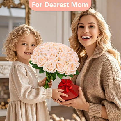 50 Pcs Champagne Roses Artificial Flowers, Real Touch Velvet Roses Bouquet Fake Flowers Bulk, Artificial Roses with Long Stems for Birthday Gift Women Mom DIY Bridal Wedding Centerpiece Decorations