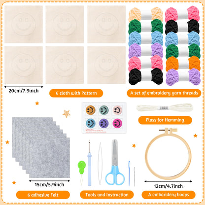 FoszaSzept Smile Punch Needle Coaster Kit, 22Pcs Embroidery Needle Coasters Crafts for Beginners, Easy DIY Mug Tufted Making Set with 6 Patterns Hoop Self Adhesive Felt Cloth Threading Device Gifts
