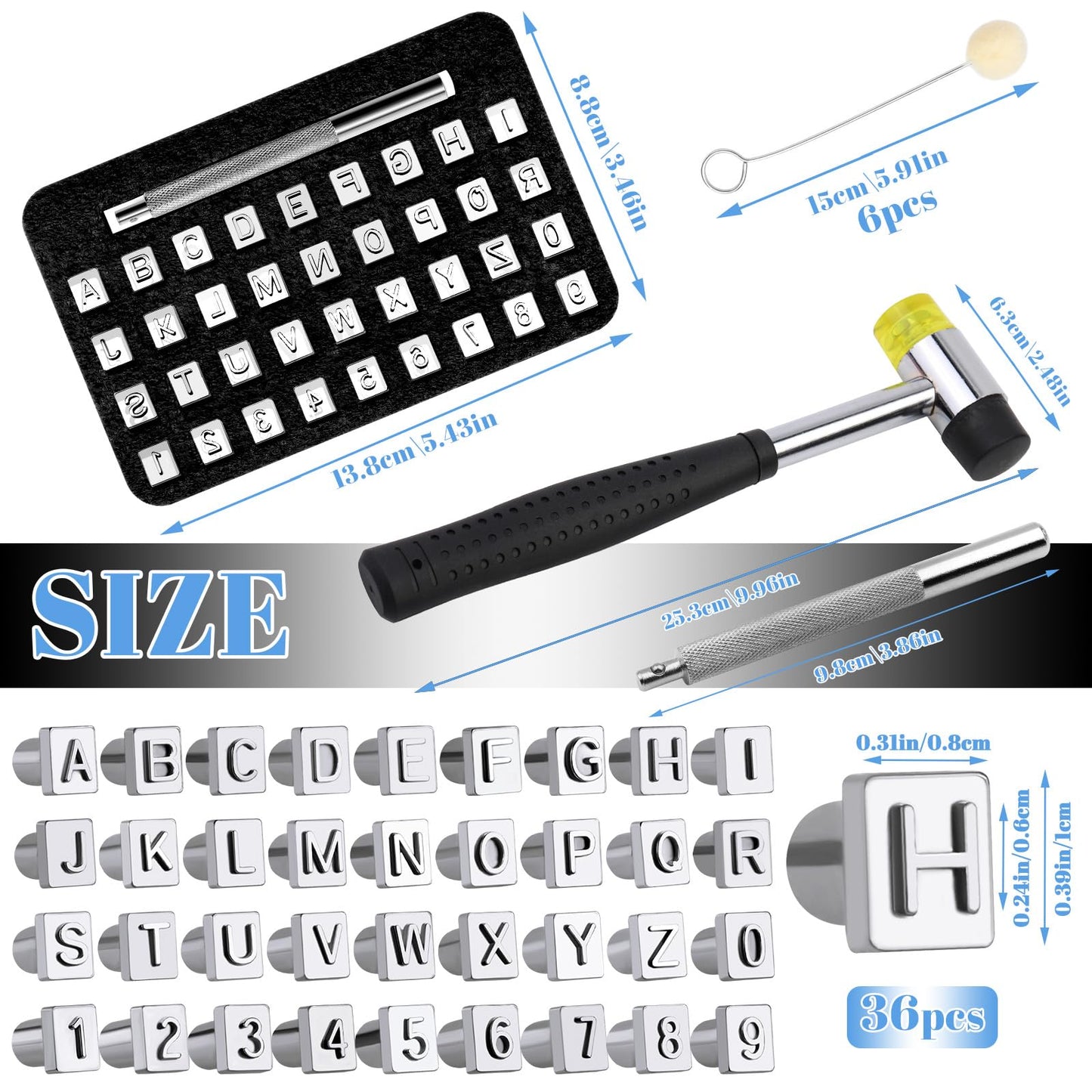 36 Pcs Leather Letter Stamping Kit, 6mm Leather Letter Stamps, Leather Stamping Tools, with 6 Wool Daubers Ball Brush Rubber Hammer for DIY Leather Crafts