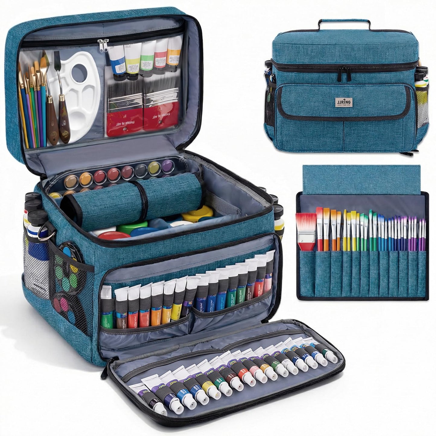 JJRING Versatile Acrylic Paint Organizer Bag With Adjustable Dividers For Multi-Size Bottles, Art Supply Storage Case Features 12-Slot Brush Holder & Clear Zipper Pocket, Travel Craft Tote(Green)