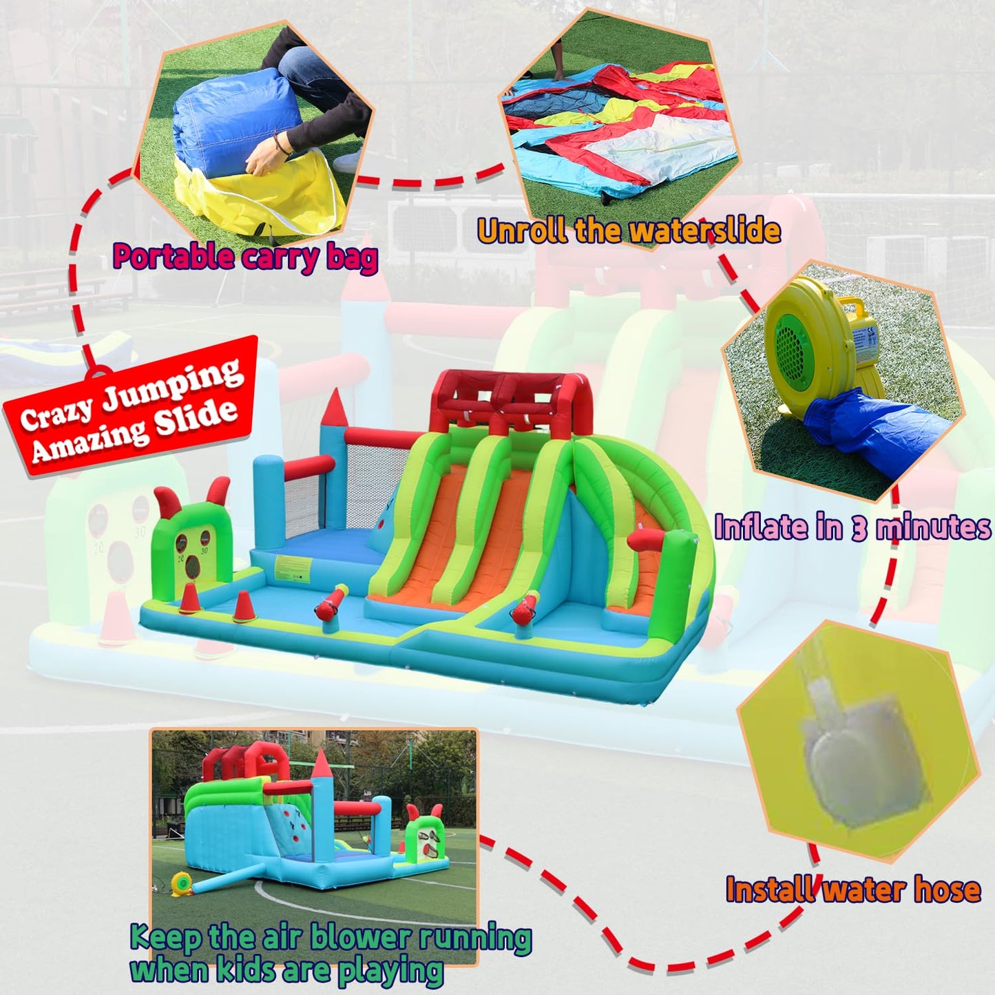 JOOLOOG Giant Inflatable Water Slide Park & Bounce House, 10-in-1 Combo with 3 Slides, Bounce Zone, 2 Pools for Kids