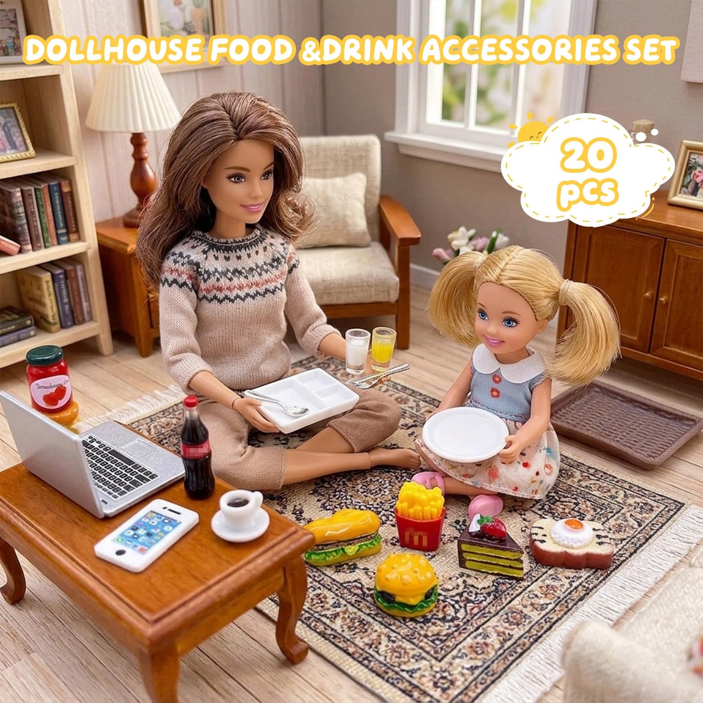 20Pcs Miniature Laptop Computer Tablet Toy Phone Pad and Hamburger Fries Cola Fast Food Cake Coffee Juice Fits Barbie Doll Accessories Scale Dollhouse Playsets Girl Mini Drink Food Party