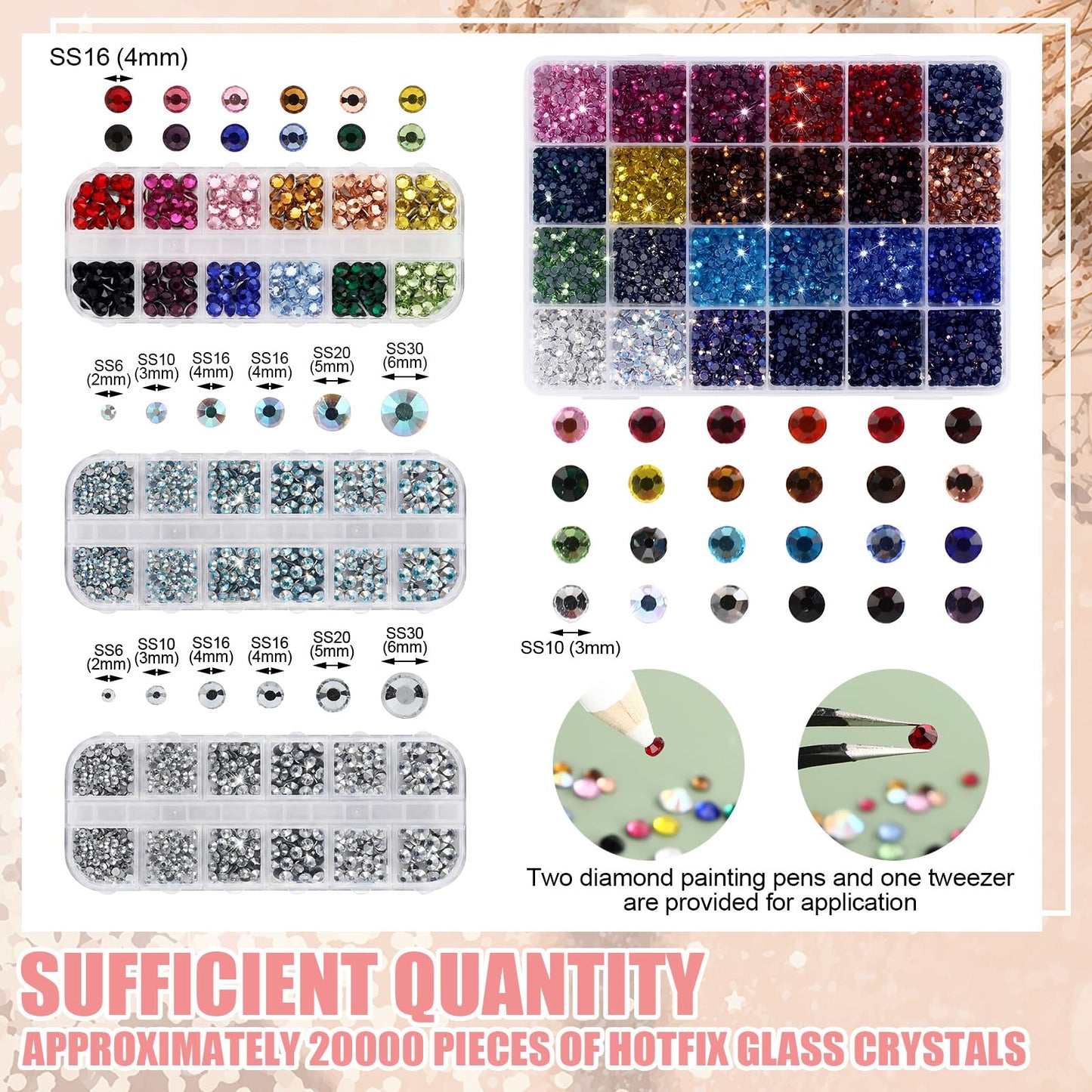 Whimsibelle 20000 Pcs Glass Hotfix Rhinestones for Bedazzling Mixed 24 Colors SS10, 12 Colors SS16, Bedazzling Kit Flatback Crystal AB Rhinestone with 2 Picking Pen 1 Tweezer for Crafting, Cloth, Nail