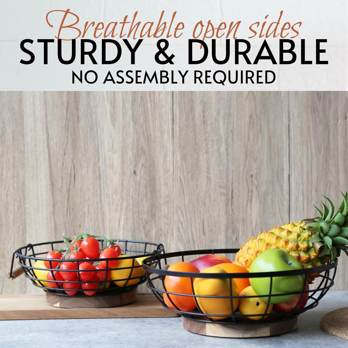 Black Wire Fruit Basket with Acacia Wood Base, Large Fruit Bowl for Countertop, Storage for Fruits, Breads, Vegetables