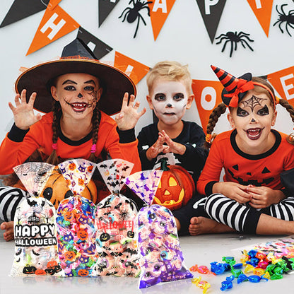 AhfuLife 200PCS Halloween Cellophane Treat Bags, 8 Designs Halloween Clear Candy Bags with Twist Ties for Treat or Treating, Snack Goodie Bags for Party Supplies Favors