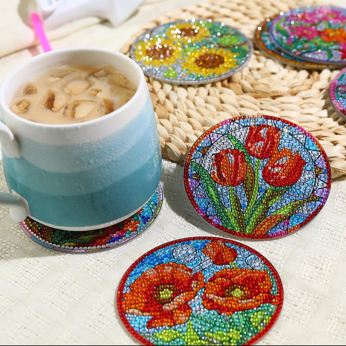 8 PCS Flowers Diamond Art Coasters Kits, Diamond Painting Coasters with Holder Set of 8, DIY Drink Coasters Art Crafts Supplies for Adults Cup Mat for Home Decor House Warming Gifts Non-Slip 3.9inch