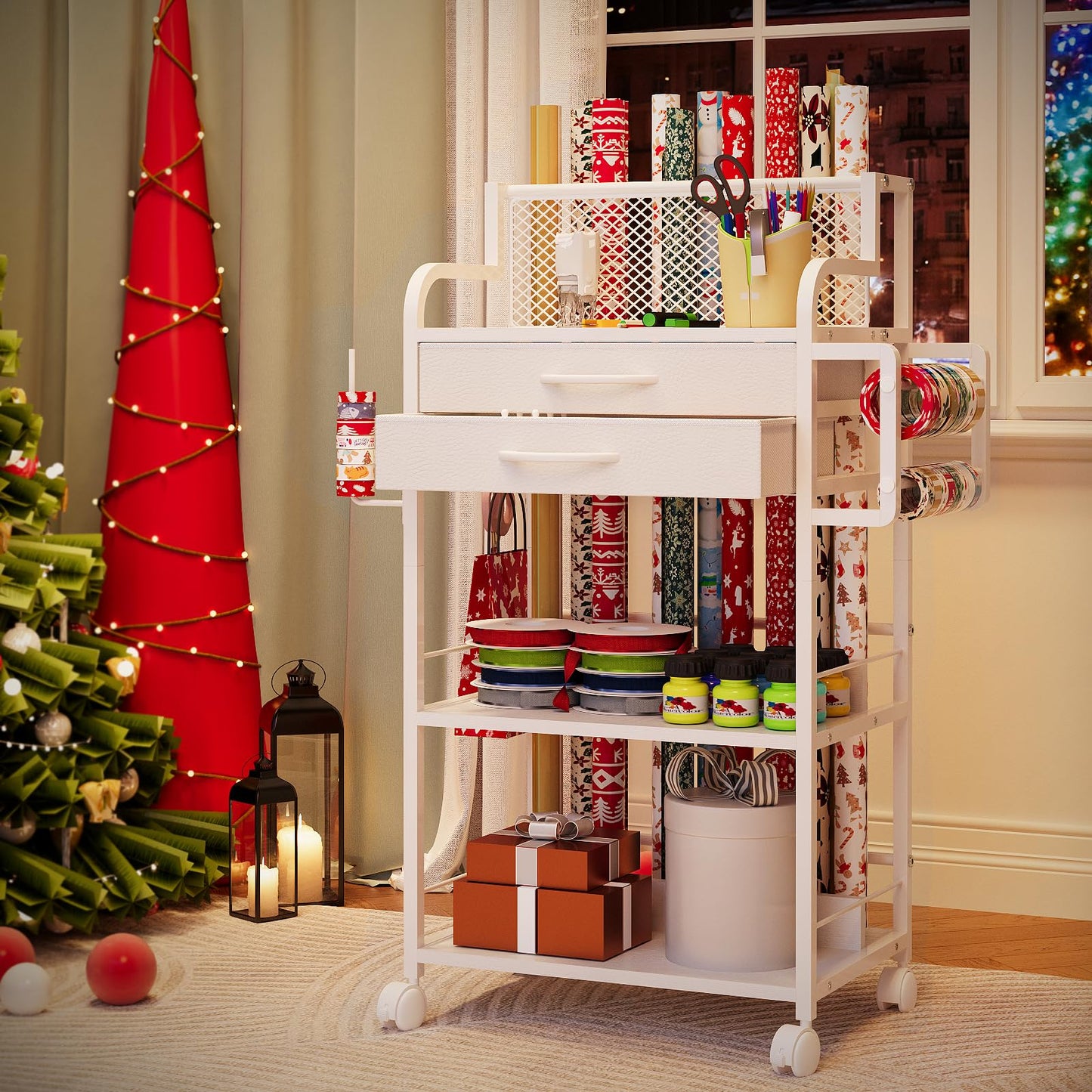 Rolling Craft Storage Cart with 2 Fabric Drawers & Lockable Wheels, Wrapping Paper & Gift Wrap Organizer with Ribbon & Tape Holder for Craft Supplies