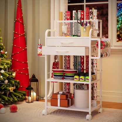 Rolling Craft Storage Cart with 2 Fabric Drawers & Lockable Wheels, Wrapping Paper & Gift Wrap Organizer with Ribbon & Tape Holder for Craft Supplies