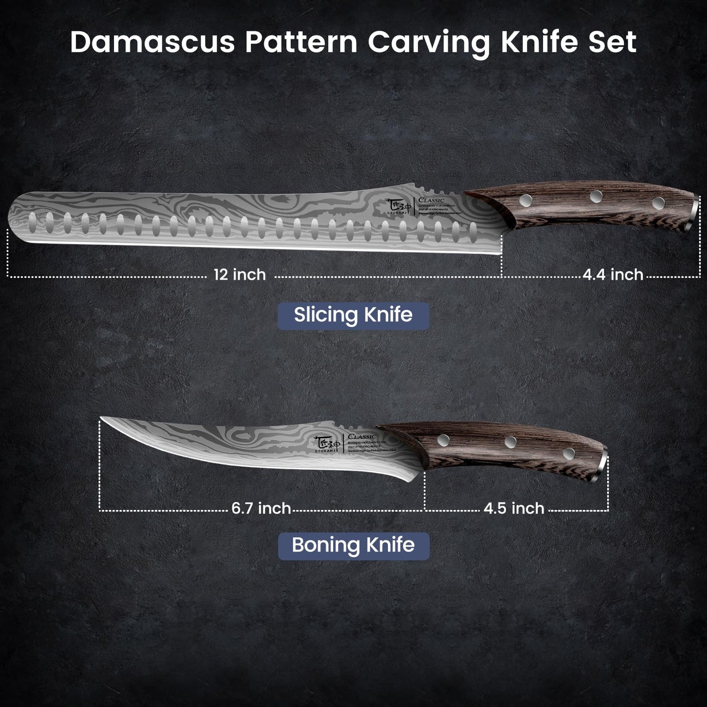 SYOKAMI Brisket Slicing Knife Set, Carving and Boning Knife for Meat & Turkey Cutting, Japanese Style High Carbon Steel Kitchen Knives Set For Home & BBQ, Wood Ergonomic Full Tang Handle, Ideal for Gift
