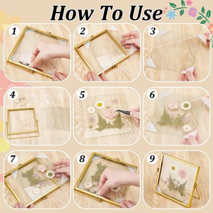 GLASSWINDS 4Pcs Pressed Flower Frame, Double Glass Frame for Pressed Flowers Handmade, 6x6 Inches Clear Glass Picture Frames, Gold Floating Frames for Press Flower Tabletop Display DIY Birthday Gift