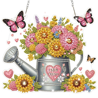 Bowetile Spring Diamond Art Hanging Kits for Adults, Diamond Art Suncatchers Flowers, 5D Special Shape Diamond Painting Farm Fresh Watering Can Pendant Window Ornament Gifts for Home Decor