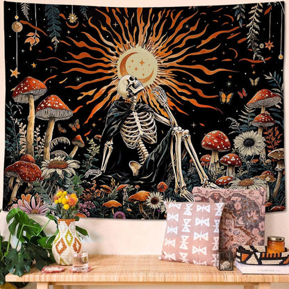 Kanuyee Fantast Meditating Skeleton Tapestry Mushroom Wall Art Tapestries Gothic Boho Room Decor Aesthetic Wall Hanging for Bedroom Dorm Living Room Fantasy Art 48x36 Inch