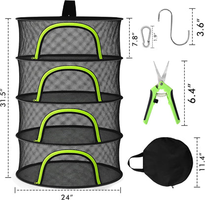 BRIVADO 4 24" Herb Drying Rack Hanging Mesh Layer with Zipper, Garden Pruning Shear, Hook & Carabiner Clip for Drying