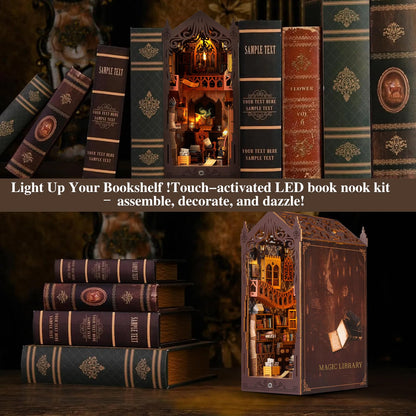 Book Nook Kit,DIY Miniature House Kit,Dollhouse Booknook with Dust Cover & LED Light,3D Wooden Bookends Puzzle,Bookshelf Decorfor for Adults, Teens, Beginners,Gifts for Family, Friends