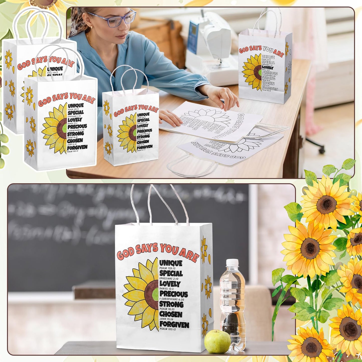 Kolldenn 18 Pcs Sunday School Crafts Religious Coloring Gift Bags VBS God Says You Are Sunflower Bible Verse DIY Craft Kits Christian Color Your Own Bags for Church & Home Activities