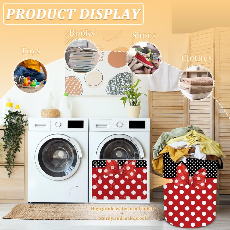 Black Red Polka Dot Laundry Basket, Cute Bow Tie Laundry Hamper Foldable Waterproof Funny Tote Bag Dirty Clothes Storage Bucket Toy Organizer for Bathroom/Laundry/Bedroom 15.7"x19.6"