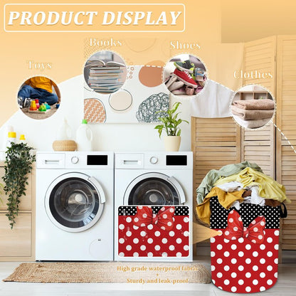 Black Red Polka Dot Laundry Basket, Cute Bow Tie Laundry Hamper Foldable Waterproof Funny Tote Bag Dirty Clothes Storage Bucket Toy Organizer for Bathroom/Laundry/Bedroom 15.7"x19.6"