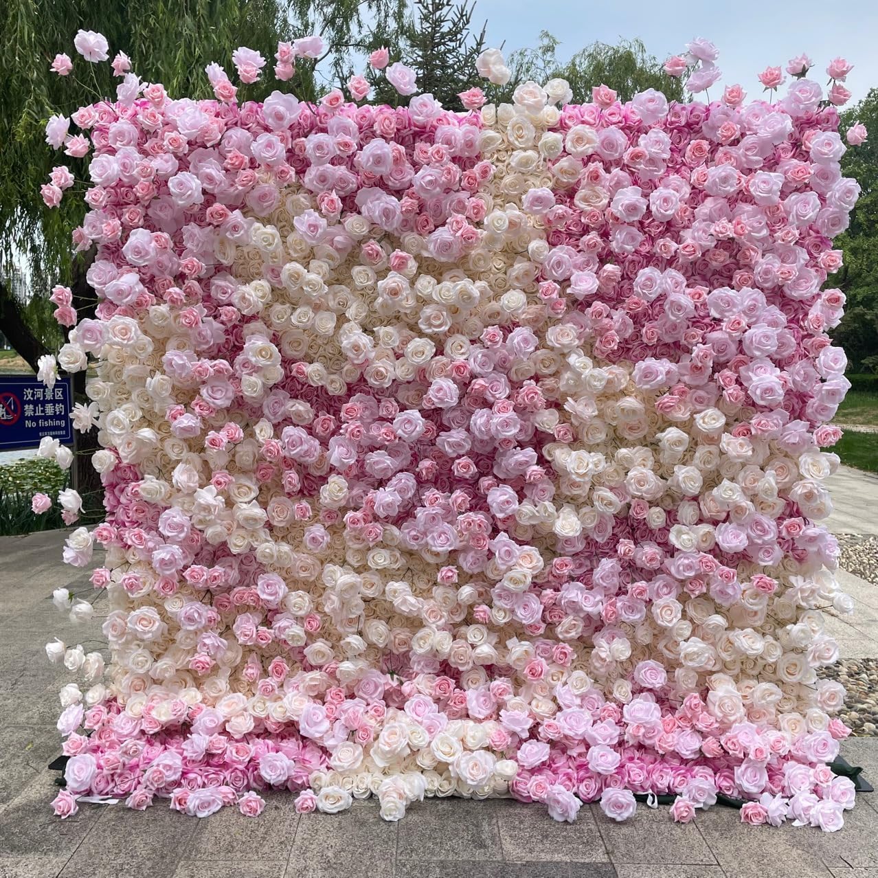 ERoomQ Artificial Flower Wall Panels, Pink White Floral Wall Mat 3D Cloth Bottom Simulation Flower Silk Rose Flower Panels for Backdrop Wedding Wall Decoration,3M*3M