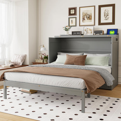 Merax Queen Size Murphy Cabinet Bed with Storage Drawers, Wall Murphy Bed with a Set of Sockets & USB Ports, Folding Platform Bed for Small Room