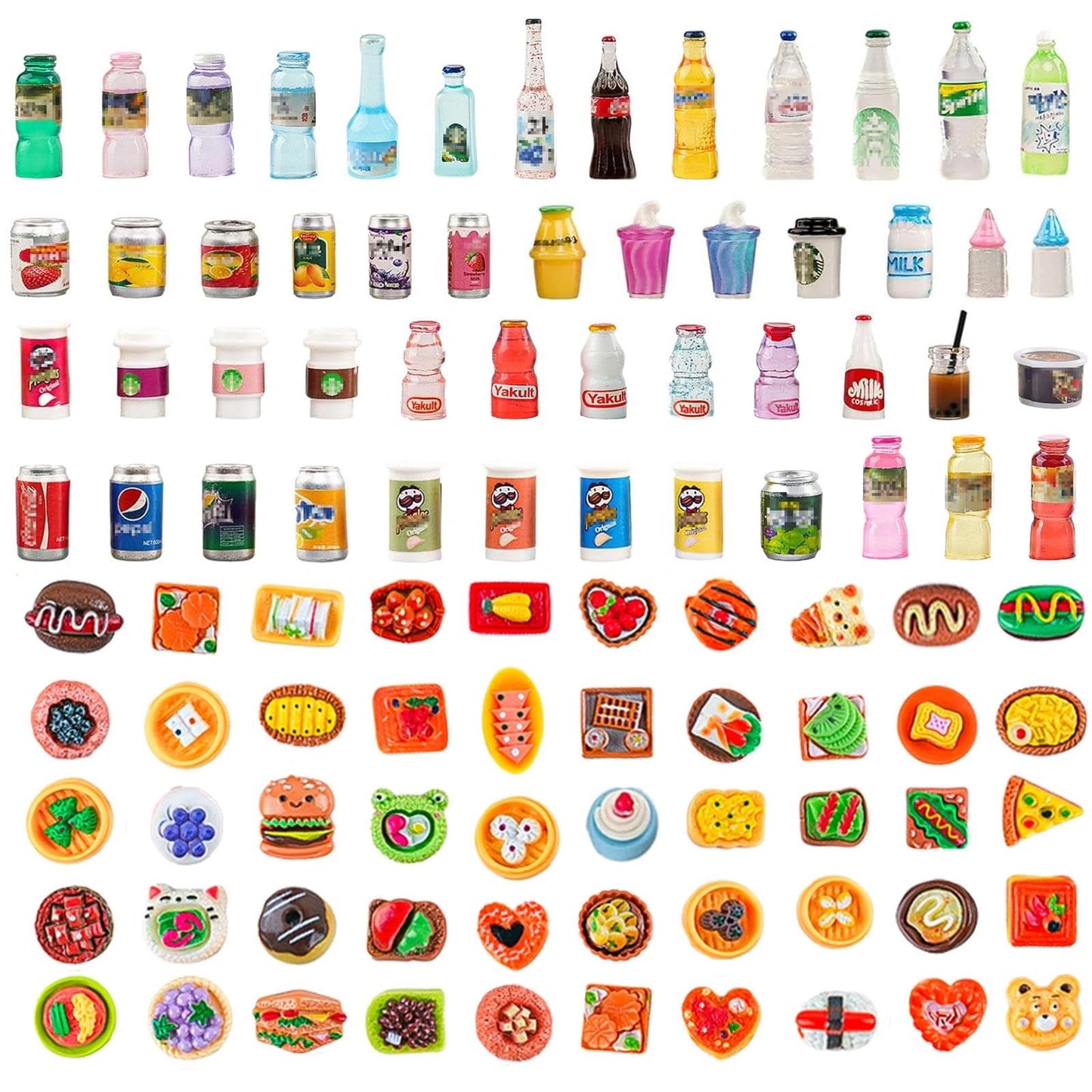 100 Pcs Miniature Food Set & Drink Bottles Realistic Resin Dollhouse Accessories 1:12 Scale Mini Food Kit for Kids Play, Collectors, Miniature Scene Kitchen Game Party Cake Bread Dessert