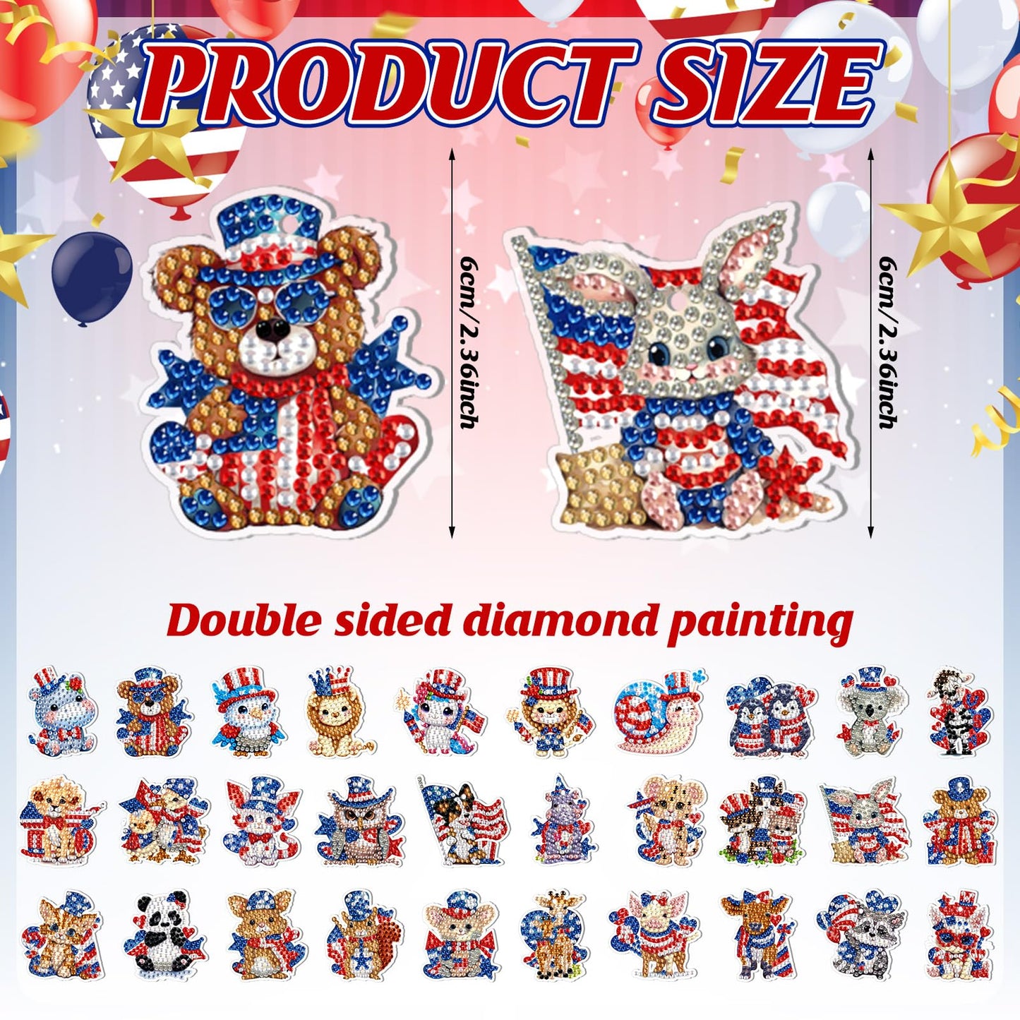 WILLBOND 30 Pcs 4th of July Animals Diamond Art Keychain Kits for Adults Independence Day Patriotic Diamond Painting Keyring Double Sided American Flag Red White Blue Hanging Ornaments for DIY Crafts