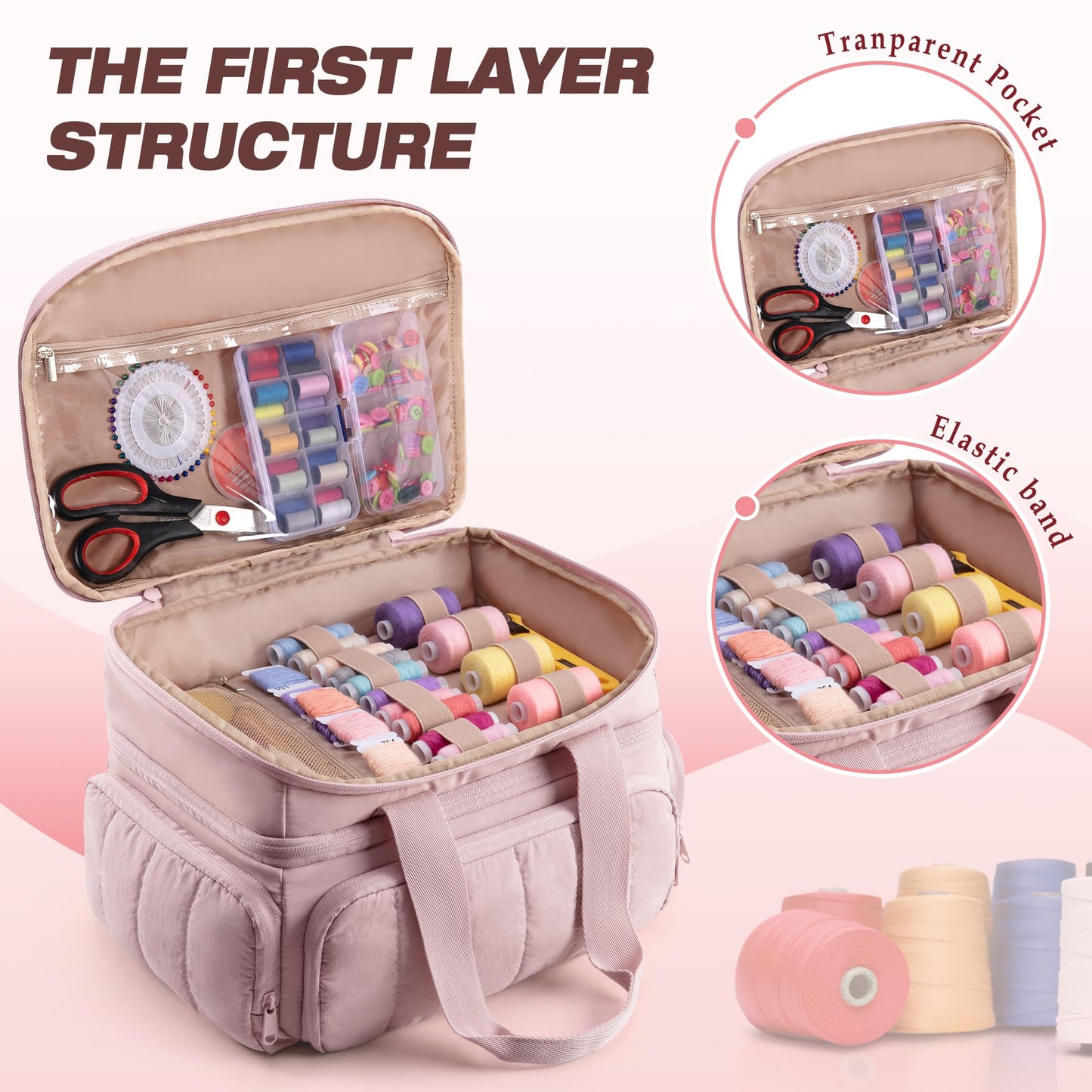 Marscamd Puffer Sewing Organizer Bag, Large Capacity with Multiple Pockets and Detachable Dividers, Storage Box for Threads, Needles, Scissors, Craft Supplies, Pink (Bag ONLY, NO Supplies)