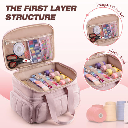 Marscamd Puffer Sewing Organizer Bag, Large Capacity with Multiple Pockets and Detachable Dividers, Storage Box for Threads, Needles, Scissors, Craft Supplies, Pink (Bag ONLY, NO Supplies)