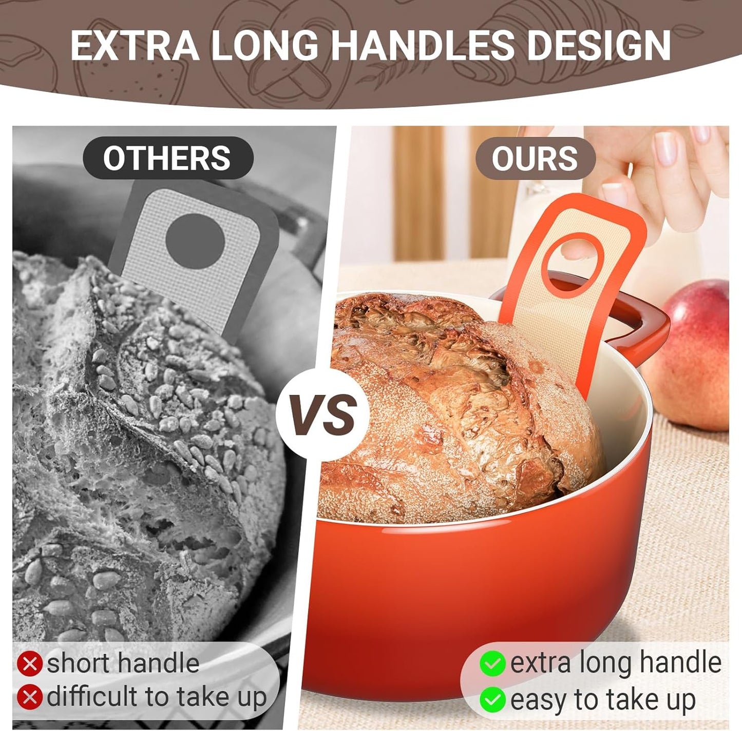 2 PCS Thicked Silicone Bread Slings: Reusable Sourdough Bread Sling with Long Handle, Non-Stick Baking Mats