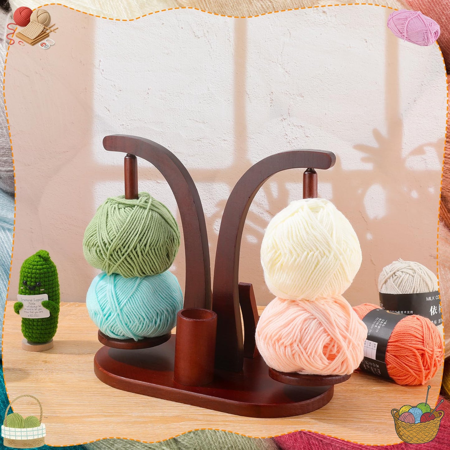 Ovveroche Magnetic Yarn Holder for Crocheting and Knitting, Magnetic Rotating Wooden Yarn Spinner with Crochet Accessories Storage and Phone Stand for Crochet Gifts for Crochet Knitting Lovers