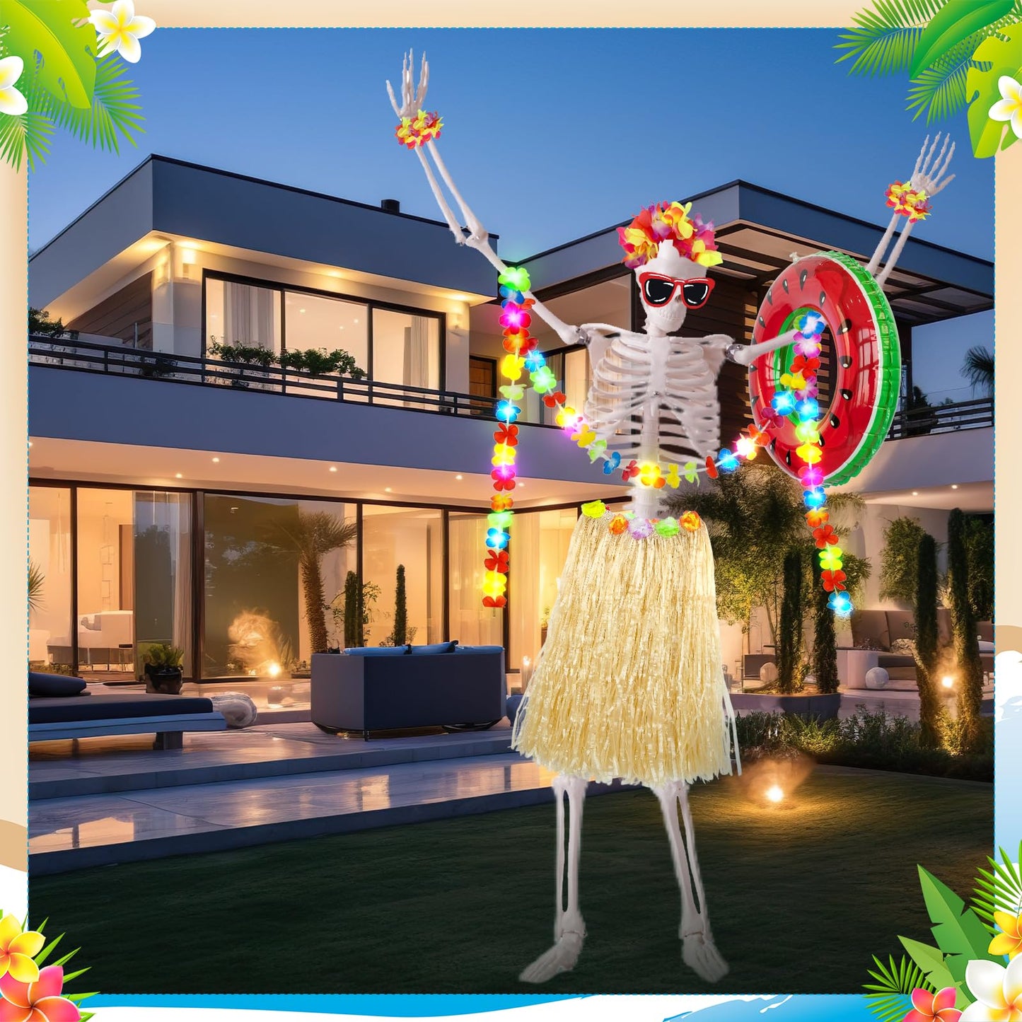 Jiytivity 8 Pcs 12 Ft Skeleton Summer Costume Set Hawaiian Skeleton Clothes Accessories Include Inflatable Watermelon Swimming Ring Hawaiian Leis Skirt Bracelet Glasses for Luau Garden Lawn Decor