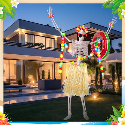 Jiytivity 8 Pcs 12 Ft Skeleton Summer Costume Set Hawaiian Skeleton Clothes Accessories Include Inflatable Watermelon Swimming Ring Hawaiian Leis Skirt Bracelet Glasses for Luau Garden Lawn Decor