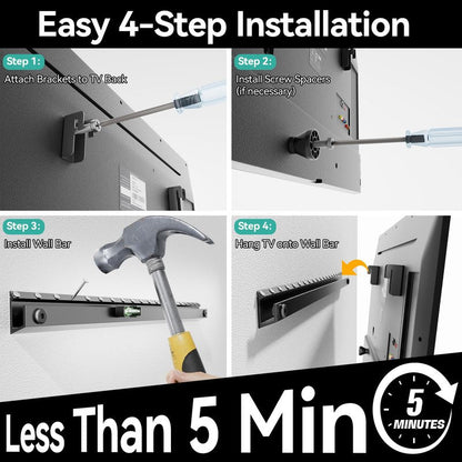Auoace No Drill TV Wall Mount for 22 to 55 inch TVs, Drywall Smart TV Bracket Tilts Up to 5°, Low Profile TVs Mount up to 100 Lbs, Fast to Install for Bedroom, Living Room, Include All Hardware kit